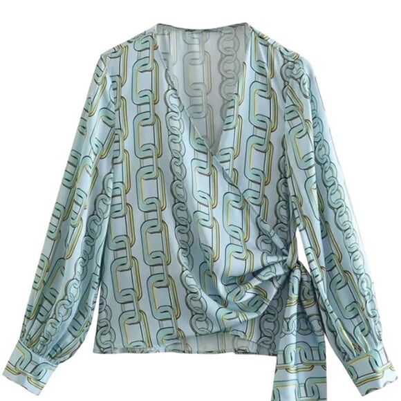 Xi Xi Women Asymmetric V Neck Blue Chain Print Long Sleeve Blouse Size M - Picture 1 of 10